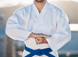 Image showing Karate, fitness and respect with a sports man in gi, training in the city on a blurred background. Exercise, discipline or fight with a male athlete during a self defense workout for health closeup