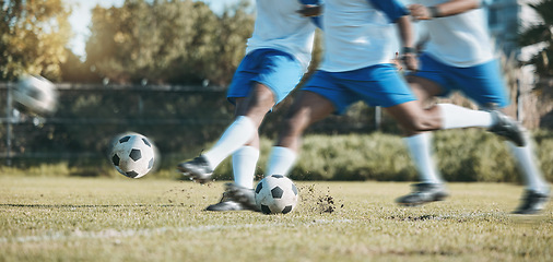 Image showing Soccer ball, sports person and feet kick on a field for fitness training or game motion outdoor. Football player, club and legs of athlete men or collage for competition, exercise or sport challenge