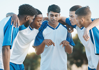 Image showing Sports group, soccer and team talking and planning on field for fitness training or competition. Football player, club and diversity athlete men together for scrum, game plan and teamwork outdoor