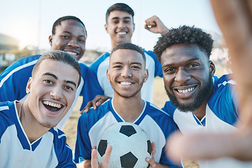 Image showing Sports, group selfie and soccer portrait of team on field for fitness training or game outdoor. Football player, club and diversity athlete men smile for sport competition, workout or challenge photo