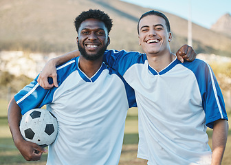 Image showing Sports team, soccer ball and smile portrait on field for fitness training or game outdoor. Football player, club and diversity athlete men or friends together for competition, workout or challenge