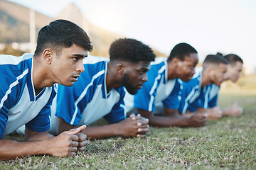 Image showing Sports group, soccer and team plank on field for fitness training, workout or exercise outdoor. Football player, club and diversity athlete men with focus for strong competition or sport challenge