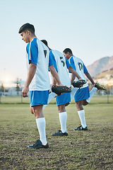 Image showing Sports group, soccer and team stretching legs on field for fitness training or muscle warm up. Football player, club and diversity athlete people with focus on sport competition, workout or challenge