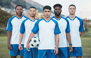 Image showing Sports group, soccer ball and portrait of team on field for fitness training or game outdoor. Football player, club and diversity athlete people with focus for sport competition, workout or challenge