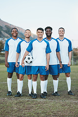 Image showing Team, soccer ball and portrait of sports group on field for fitness training or game outdoor. Football player, club and diversity athlete people smile for sport competition, motivation or challenge