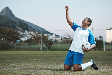 Image showing Sports, soccer ball and man celebrate goal on field for competition or training outdoor. Black male athlete football player, pitch and game celebration for sport achievement, success or win mockup