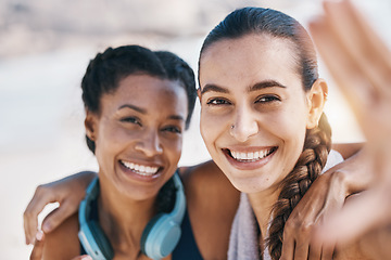 Image showing Women friends, beach selfie and smile in portrait for adventure, fitness and hug with fitness in nature. Latino girl, black woman and photography for profile picture, social network and blog update