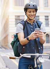 Image showing Man, delivery bicycle and smile with phone, order or ecommerce app for food, product and sustainable transport. Young guy, bike and metro street with texting, chat and eco friendly with logistics job