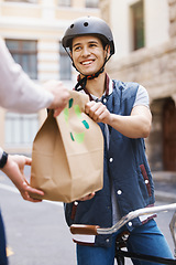 Image showing Man, delivery bicycle and smile with bag, order or e commerce for food, product or sustainable transport. Young guy, bike and cbd street for customer experience, chat or eco friendly at logistics job