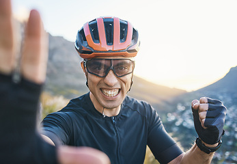 Image showing Man, portrait and mountain bike with selfie, smile and fist celebration for winning, race and fitness. Guy, mountains and cycling achievement with photography, profile picture and social network app