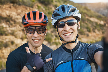 Image showing Men, cycling friends and nature selfie for race, training or shaka sign with smile in outdoor portrait. Man, mountains and exercise partnership with photography, profile picture or social network app