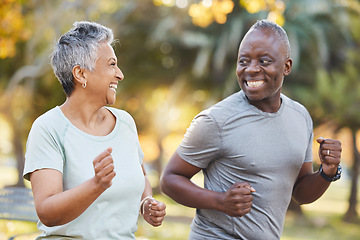 Image showing Fitness, morning and running with old couple in park for Health, workout and exercise. Wellness, retirement and happy with senior black man and woman in nature for motivation, sports and cardio