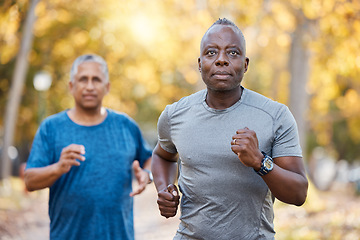 Image showing Race, friends and running with old men in park for fitness, workout and exercise. Wellness, retirement and marathon with senior people training in nature for motivation, sports and morning cardio