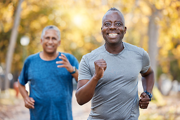 Image showing Race, friends and running with old men in park for fitness, workout and exercise. Wellness, retirement and happy with senior people training in nature for motivation, sports and morning cardio