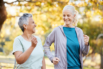 Image showing Fitness, friends and running with old women in park for health, workout and exercise. Wellness, retirement and happy with senior people training in nature for motivation, sports and morning cardio