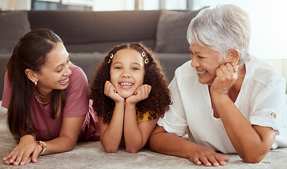 Image showing Happy, generations and smile with family on floor of living room for bonding, relax and love in house. Happiness, portrait and grandmother with young child, mom and home for fun, support and together