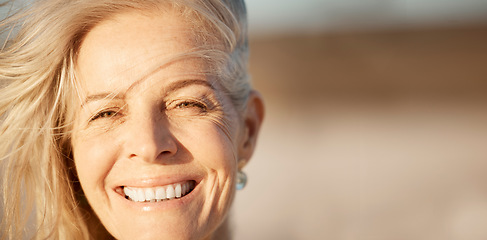 Image showing Face, smile and mature woman outdoor with space for freedom, mockup or travel in summer. Portrait and beauty of happy female person in nature for motivation, health and retirement holiday or vacation