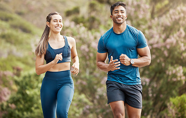 Image showing Running, mountain trail and couple of friends training for sports and health outdoor. Fitness, workout and sport run of young runner people together on a street with athlete exercise and race cardio