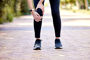 Image showing Closeup, outdoor and woman with exercise, knee pain and workout with health issue, muscle strain and inflammation. Zoom, female person and athlete outside, leg injury and training with broken bone