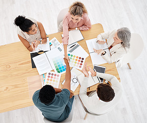 Image showing Business people, handshake and celebration in creative meeting, branding agreement or deal at marketing agency. Woman, clients or partner shake hands, applause and project onboarding or success above