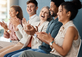 Image showing Diversity, audience clapping and in a meeting together for success at modern workplace office. Achievement or happiness, celebration or support and happy colleagues with applause at their work