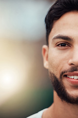 Image showing Sports, closeup and half portrait of happy man with fitness mindset, confidence and mockup space. Workout goals, pride and happiness, face of male athlete with motivation in health, wellness and zoom