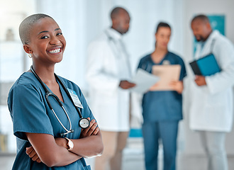 Image showing Hospital, happy doctor and portrait of black woman for medical care, insurance and wellness. Healthcare, clinic nurse or face of female health worker with crossed arms for service, consulting or help