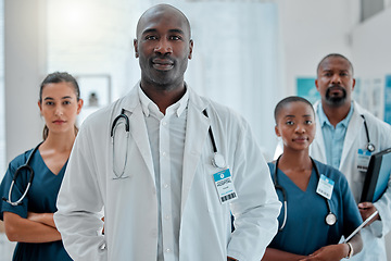 Image showing Teamwork, hospital and portrait of doctors for medical help, insurance and consulting. Healthcare, nurse team and face of men and women health worker for service, collaboration and care in clinic