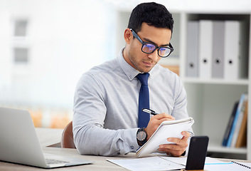 Image showing Notebook, writing and business man in office administration, bookkeeping and management career with schedule. Reminder, job priority and journal of professional employee or admin worker with notes