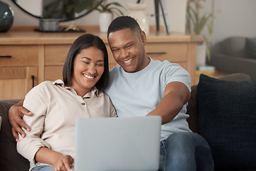 Image showing Couple, laptop and smile for movie on couch with online subscription, media download and relax together. Happy man, woman and computer technology for streaming, internet and connection in living room