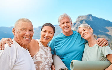 Image showing Happy, portrait and elderly friends with yoga mat outdoor at a wellness, health and spiritual resort. Fitness, smile and group of senior people at a pilates or meditation class in nature at a retreat