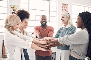 Image showing Teamwork, business people and hand huddle together with support, trust and collaboration in startup office. Happy team, motivation and hands in circle, diversity and creative employees in cooperation