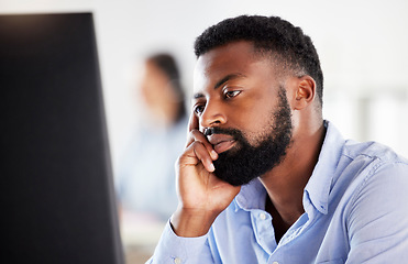 Image showing Black businessman, bored and tired in office with computer, finance job and stress at desktop. African business man, pc and fatigue in workplace for financial advisor with fail, mistake or exhausted