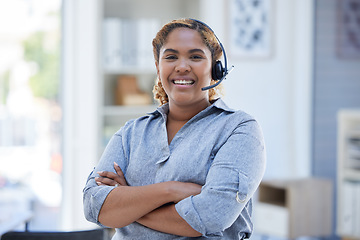 Image showing Woman, call center headset and smile with arms crossed for telemarketing, crm or sales success. African person or support agent happy about customer service, contact us or help desk startup career