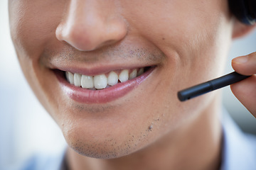 Image showing Microphone, mouth and call center agent man talking for customer care service, crm or telemarketing. Smile closeup of consultant person with headset for sales, contact us or help desk support