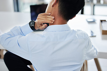 Image showing Man, back and neck pain in office, burnout and stress injury with wellness problem with hand for massage. Businessman, muscle and joint fatigue with workplace accident, exhausted and physical therapy