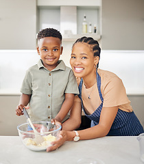 Image showing Mother, son and happy baking portrait at kitchen counter with help and love. Black woman or mom and child together in family home to learn about cooking food, dessert and pancakes for development