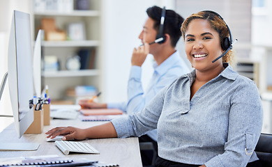 Image showing Call centre, portrait and woman smile for telemarketing, customer service or support. Face, contact us and African sales agent, consultant or employee working at help desk, crm and business office.