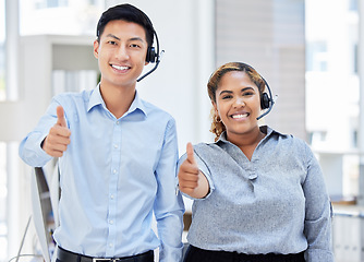 Image showing Portrait, call centre and people with thumbs up for team success, support or customer service excellence. Telemarketing, group smile and like hand emoji for diversity, goals and thank you for sales.