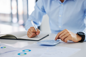 Image showing Business, calculator and person hands writing for taxes, accounting and profit, revenue or financial report. Numbers, investment check and accountant, entrepreneur or people, finance and notebook