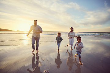 Image showing Beach, running and parents play with children on holiday, summer vacation and weekend together. Nature, travel and happy mother, father and children in ocean for bonding, adventure and family time