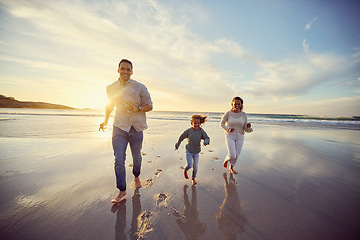 Image showing Mother, father and child run on beach on holiday, summer vacation and weekend together. Nature, family travel and happy mom, dad and girl playing for bonding, adventure and quality time at sunrise