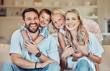 Image showing Portrait of parents, kids and smile on sofa for playful childhood, happiness and quality time in family home. Happy children, mother and father hug in living room for bonding, love and care together