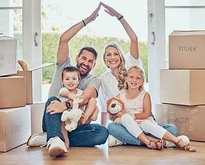 Image showing Portrait of happy family, new home and roof for security, safety and future investment in real estate. Moving, boxes and happiness, mom and dad with kids in house with insurance for property mortgage