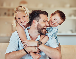 Image showing Man, kids and smile for piggyback in living room with playful childhood, happiness and fathers day in family home. Happy children hug dad for bond, love and care to relax in lounge for quality time