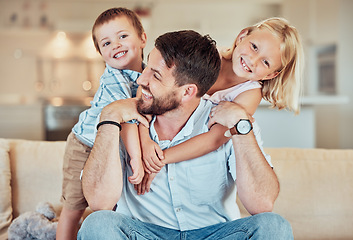 Image showing Man, kids and piggyback fun in living room for playful childhood, happiness and fathers day at home. Happy children hug dad for family bond, love and care in lounge to relax for quality time together