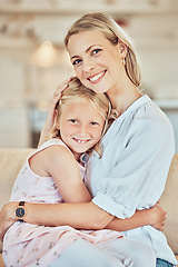 Image showing Portrait, woman and hug girl kid in home for love, care and quality time together on mothers day. Happy mom, family and hugging cute daughter for support, comfort and smile to relax in loving house