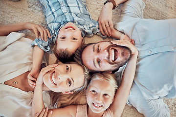 Image showing Top view, parents and happy portrait of children for love, care and bonding for quality time together at home. Face of mom, dad and kids for happiness, family and relax in house for fun, joy and play