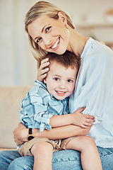 Image showing Portrait of woman, boy and hug in home for love, care and quality time together on mothers day. Happy mom, family and hugging cute son for support, comfort and childcare to relax in house with smile