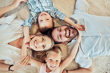 Image showing Top view, happy family and portrait on bed for love, care and bonding for quality time together at home. Face of parents, kids and smile for happiness, break and relax in house for fun, joy and play